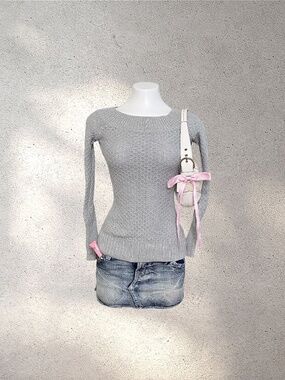 Guess Grey Ribbed & Pointelle Knit Top | Bella Hadid Style | Y2K Downtown Girl